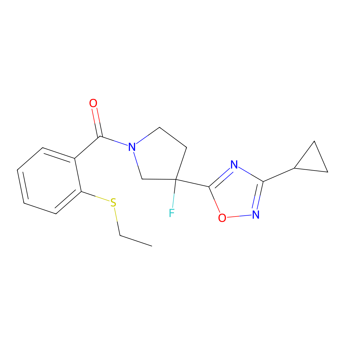 3-Cyclopropyl-5-{1-[2-(ethylsulfanyl)benzoyl]-3-fluoropyrrolidin-3-yl}-1,2,4-oxadiazole molecular structure, CAS 3054578-02-5