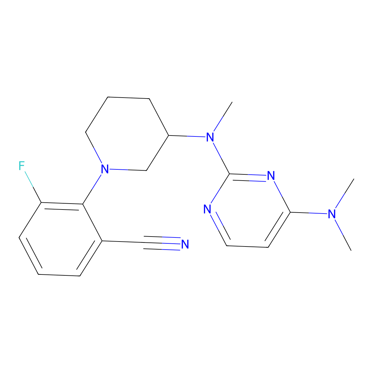 2-[3-[[4-(Dimethylamino)pyrimidin-2-yl]-methylamino]piperidin-1-yl]-3-fluorobenzonitrile molecular structure, CAS 3054578-03-6