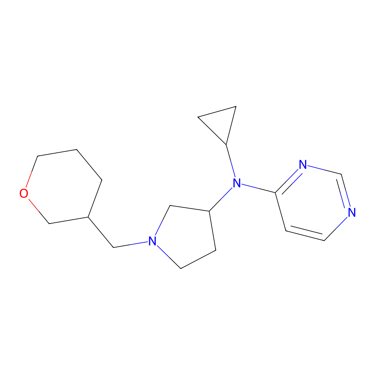 N-cyclopropyl-N-{1-[(oxan-3-yl)methyl]pyrrolidin-3-yl}pyrimidin-4-amine molecular structure, CAS 3054578-06-9