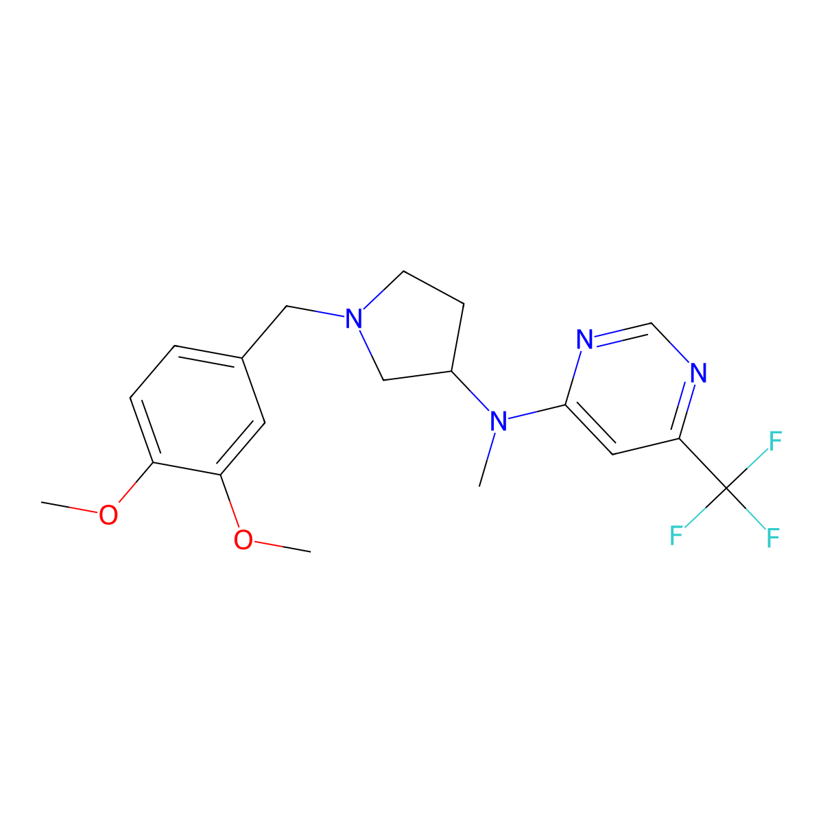 N-{1-[(3,4-dimethoxyphenyl)methyl]pyrrolidin-3-yl}-N-methyl-6-(trifluoromethyl)pyrimidin-4-amine molecular structure, CAS 3054578-18-3