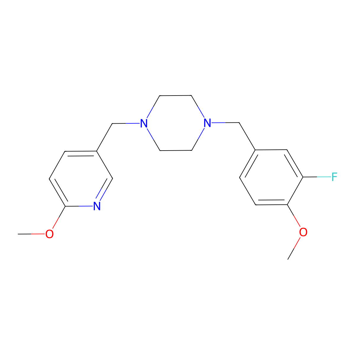 1-[(3-Fluoro-4-methoxyphenyl)methyl]-4-[(6-methoxypyridin-3-yl)methyl]piperazine molecular structure, CAS 3054578-21-8