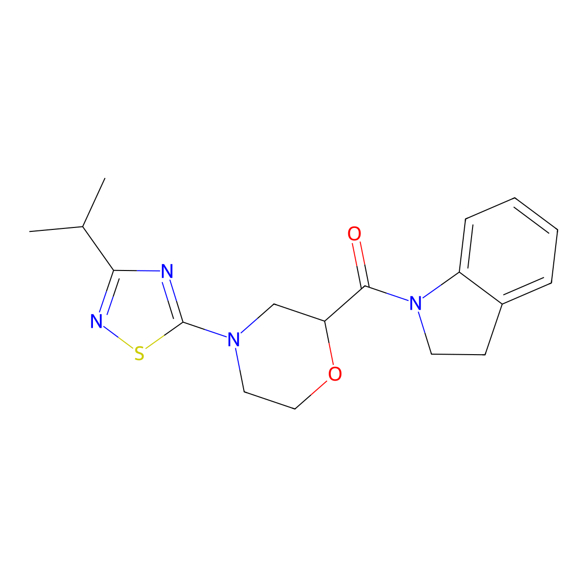 1-{4-[3-(propan-2-yl)-1,2,4-thiadiazol-5-yl]morpholine-2-carbonyl}-2,3-dihydro-1H-indole molecular structure, CAS 3054578-29-6
