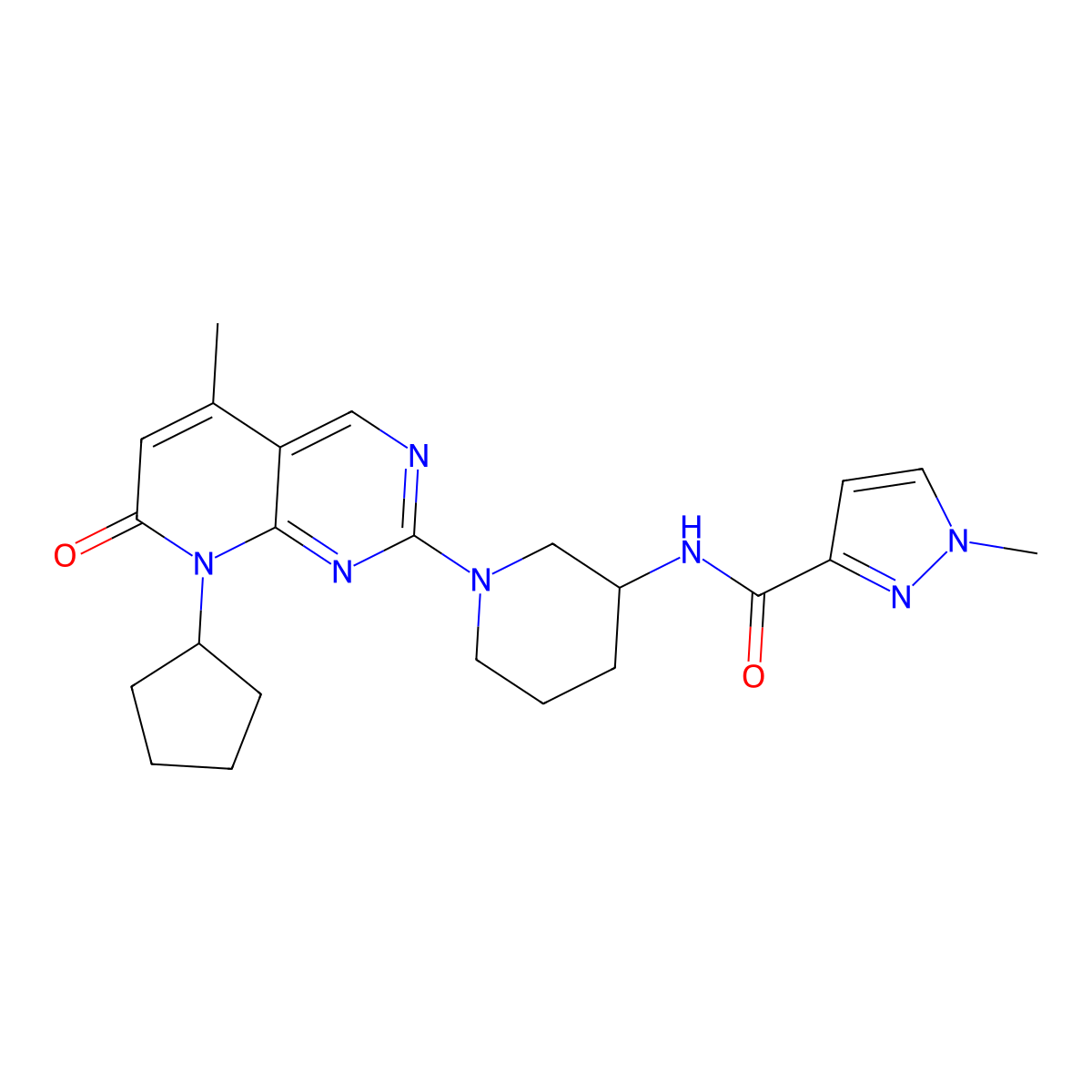 N-(1-{8-cyclopentyl-5-methyl-7-oxo-7H,8H-pyrido[2,3-d]pyrimidin-2-yl}piperidin-3-yl)-1-methyl-1H-pyrazole-3-carboxamide molecular structure, CAS 3054578-33-2