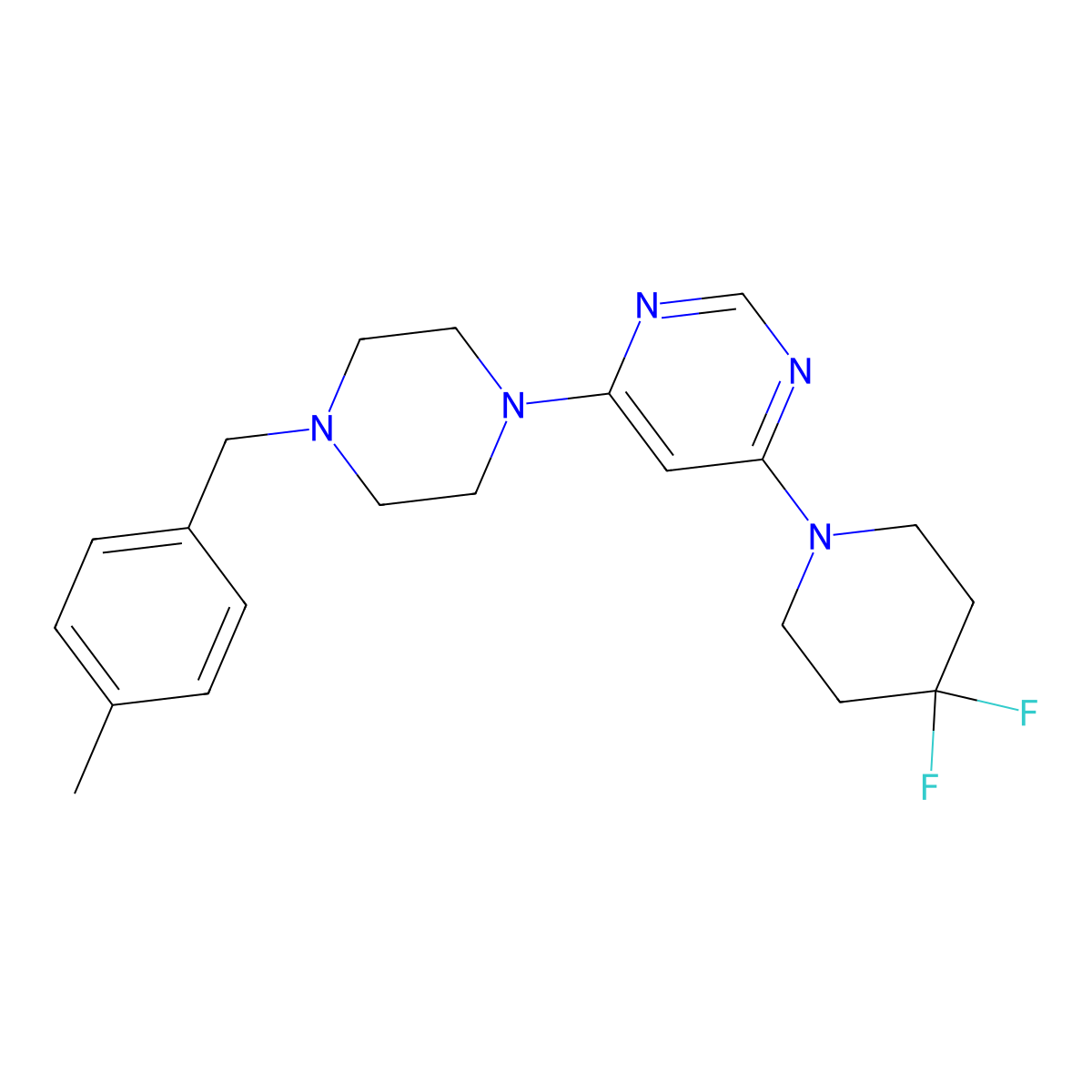 4-(4,4-Difluoropiperidin-1-yl)-6-{4-[(4-methylphenyl)methyl]piperazin-1-yl}pyrimidine molecular structure, CAS 3054578-37-6