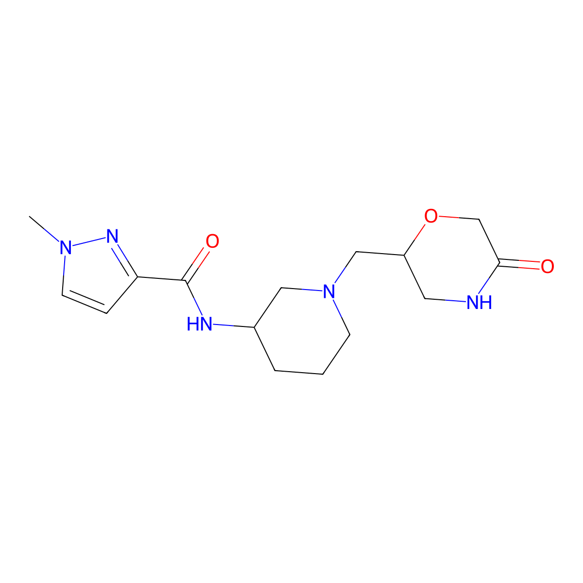 1-methyl-N-{1-[(5-oxomorpholin-2-yl)methyl]piperidin-3-yl}-1H-pyrazole-3-carboxamide molecular structure, CAS 3054578-39-8