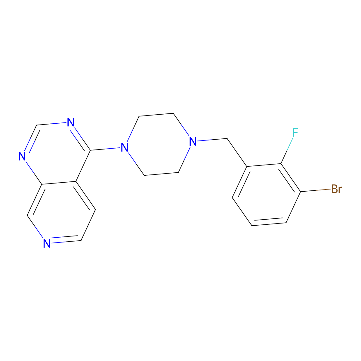 1-[(3-Bromo-2-fluorophenyl)methyl]-4-{pyrido[3,4-d]pyrimidin-4-yl}piperazine molecular structure, CAS 3054578-46-7