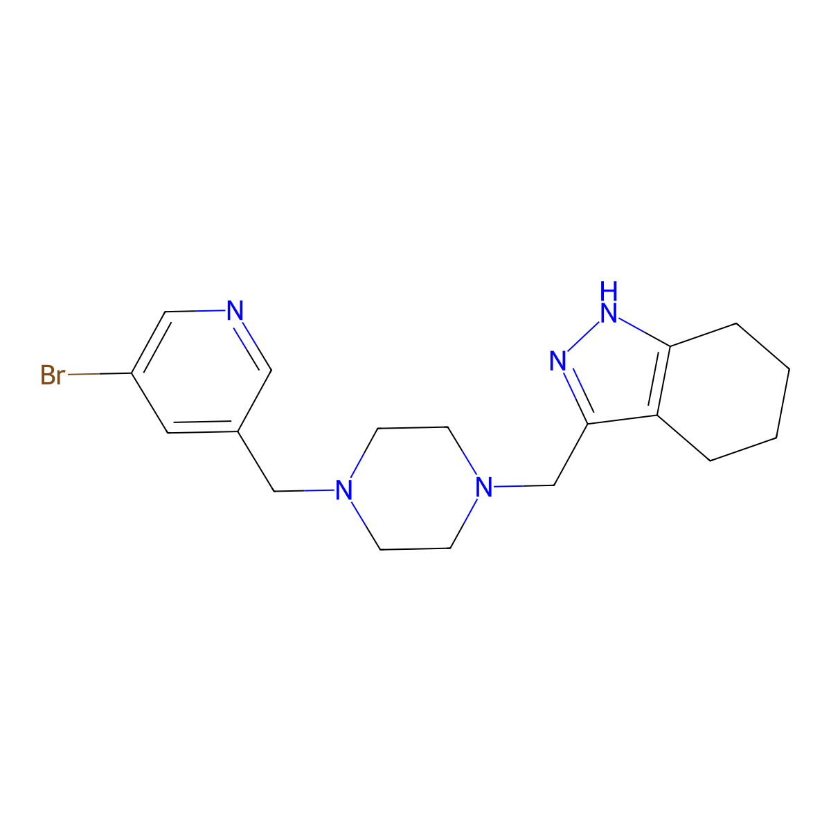 3-({4-[(5-bromopyridin-3-yl)methyl]piperazin-1-yl}methyl)-4,5,6,7-tetrahydro-1H-indazole molecular structure, CAS 3054578-47-8