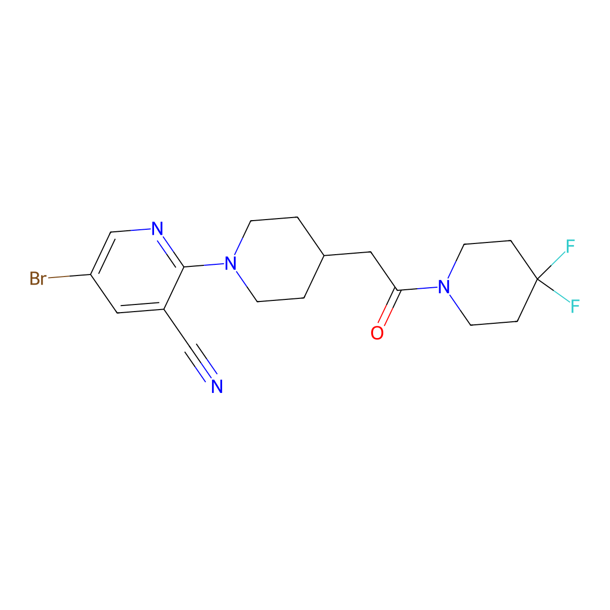 5-Bromo-2-{4-[2-(4,4-difluoropiperidin-1-yl)-2-oxoethyl]piperidin-1-yl}pyridine-3-carbonitrile molecular structure, CAS 3054578-53-6