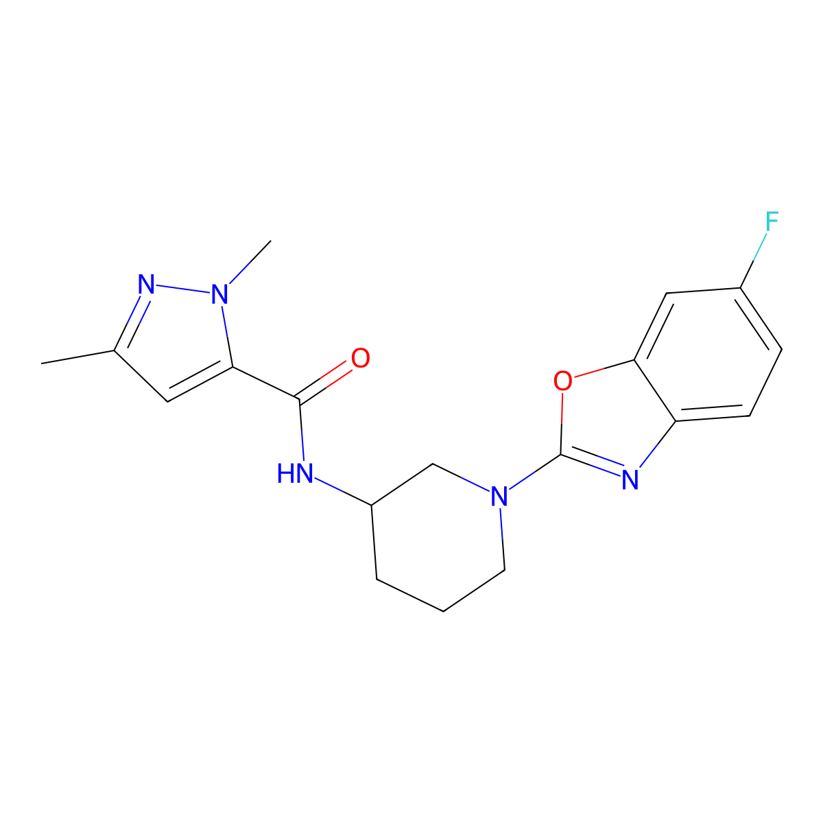 N-[1-(6-fluoro-1,3-benzoxazol-2-yl)piperidin-3-yl]-1,3-dimethyl-1H-pyrazole-5-carboxamide molecular structure, CAS 3054578-55-8
