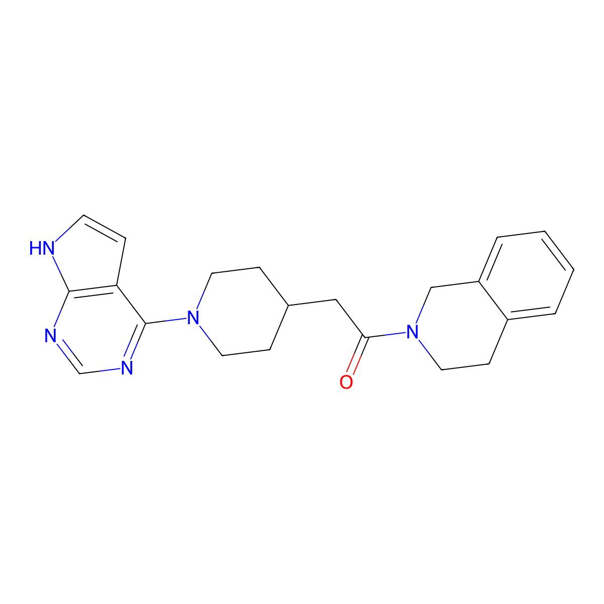 2-(1-{7H-pyrrolo[2,3-d]pyrimidin-4-yl}piperidin-4-yl)-1-(1,2,3,4-tetrahydroisoquinolin-2-yl)ethan-1-one molecular structure, CAS 3054578-56-9