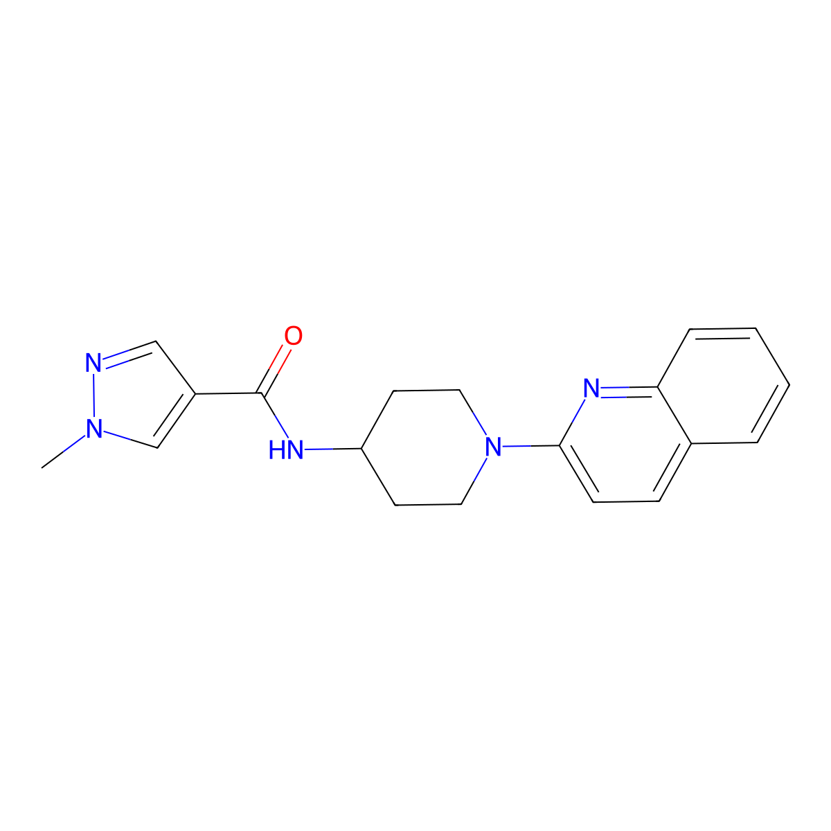 1-methyl-N-[1-(quinolin-2-yl)piperidin-4-yl]-1H-pyrazole-4-carboxamide molecular structure, CAS 3054578-59-2