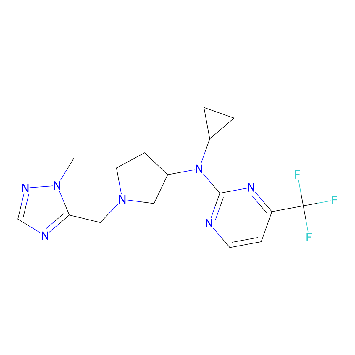 N-cyclopropyl-N-{1-[(1-methyl-1H-1,2,4-triazol-5-yl)methyl]pyrrolidin-3-yl}-4-(trifluoromethyl)pyrimidin-2-amine molecular structure, CAS 3054578-65-0