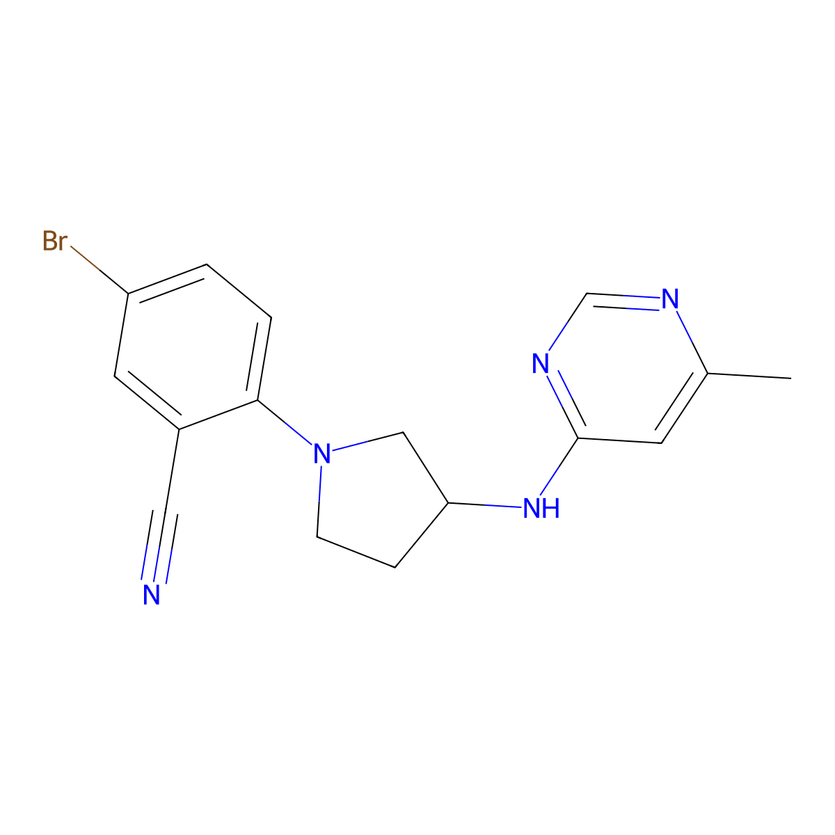 5-Bromo-2-{3-[(6-methylpyrimidin-4-yl)amino]pyrrolidin-1-yl}benzonitrile molecular structure, CAS 3054578-75-2
