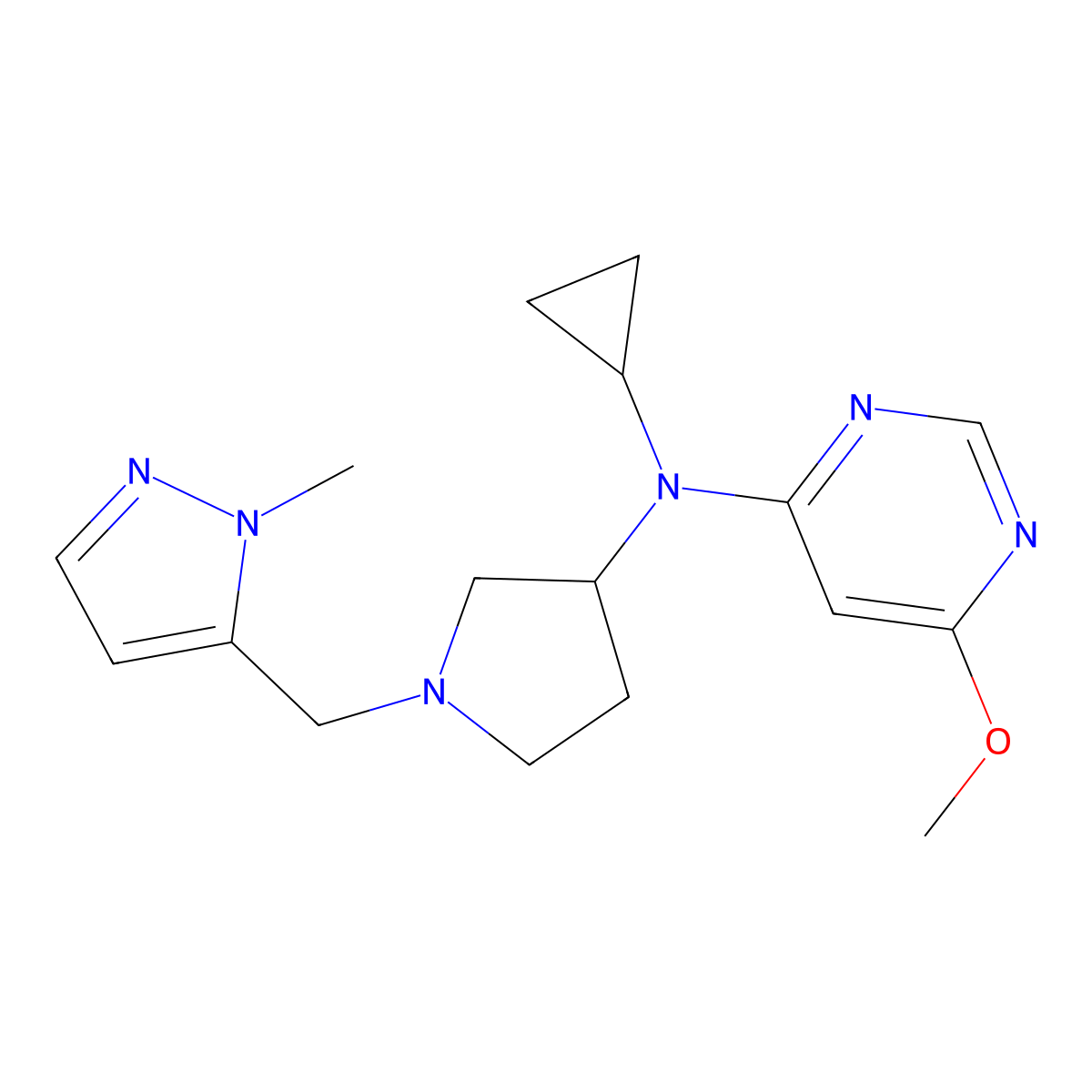 N-cyclopropyl-6-methoxy-N-{1-[(1-methyl-1H-pyrazol-5-yl)methyl]pyrrolidin-3-yl}pyrimidin-4-amine molecular structure, CAS 3054578-78-5
