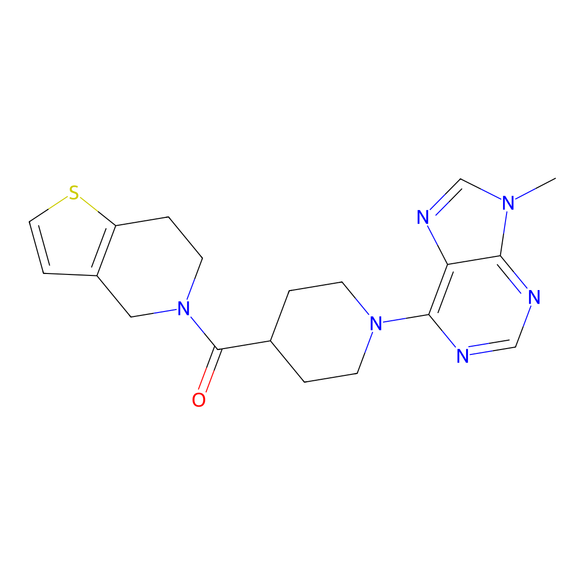 9-methyl-6-(4-{4H,5H,6H,7H-thieno[3,2-c]pyridine-5-carbonyl}piperidin-1-yl)-9H-purine molecular structure, CAS 3054578-82-1