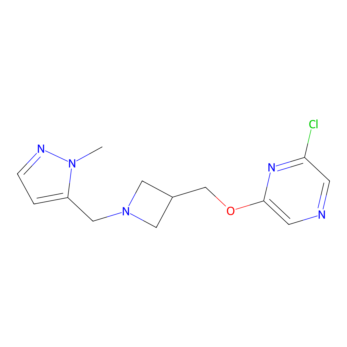 2-chloro-6-({1-[(1-methyl-1H-pyrazol-5-yl)methyl]azetidin-3-yl}methoxy)pyrazine molecular structure, CAS 3054578-84-3