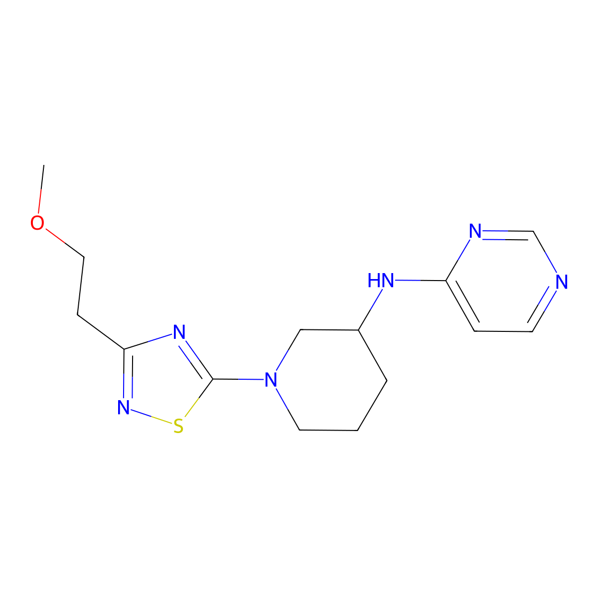 N-{1-[3-(2-methoxyethyl)-1,2,4-thiadiazol-5-yl]piperidin-3-yl}pyrimidin-4-amine molecular structure, CAS 3054578-89-8
