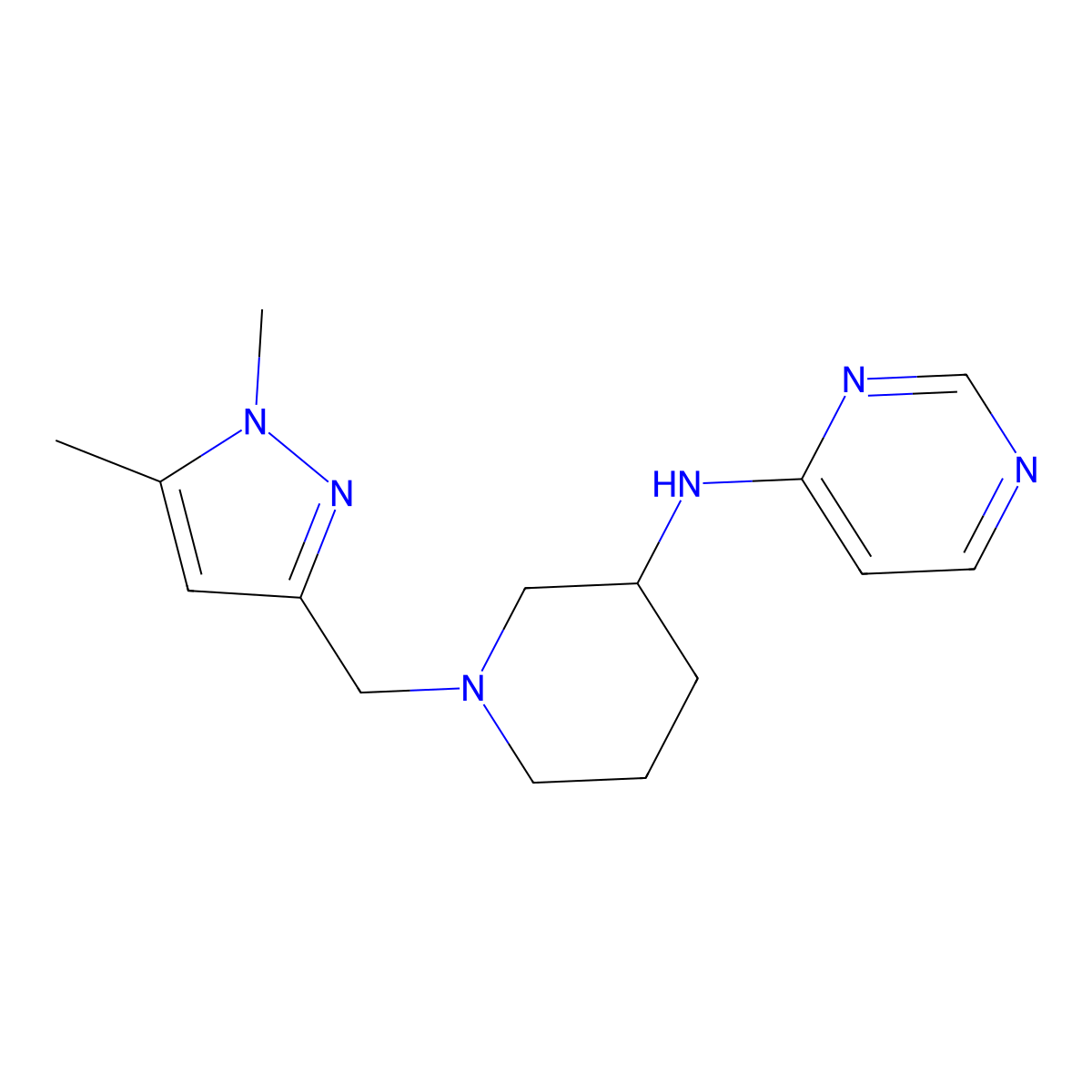 N-{1-[(1,5-dimethyl-1H-pyrazol-3-yl)methyl]piperidin-3-yl}pyrimidin-4-amine molecular structure, CAS 3054579-05-1