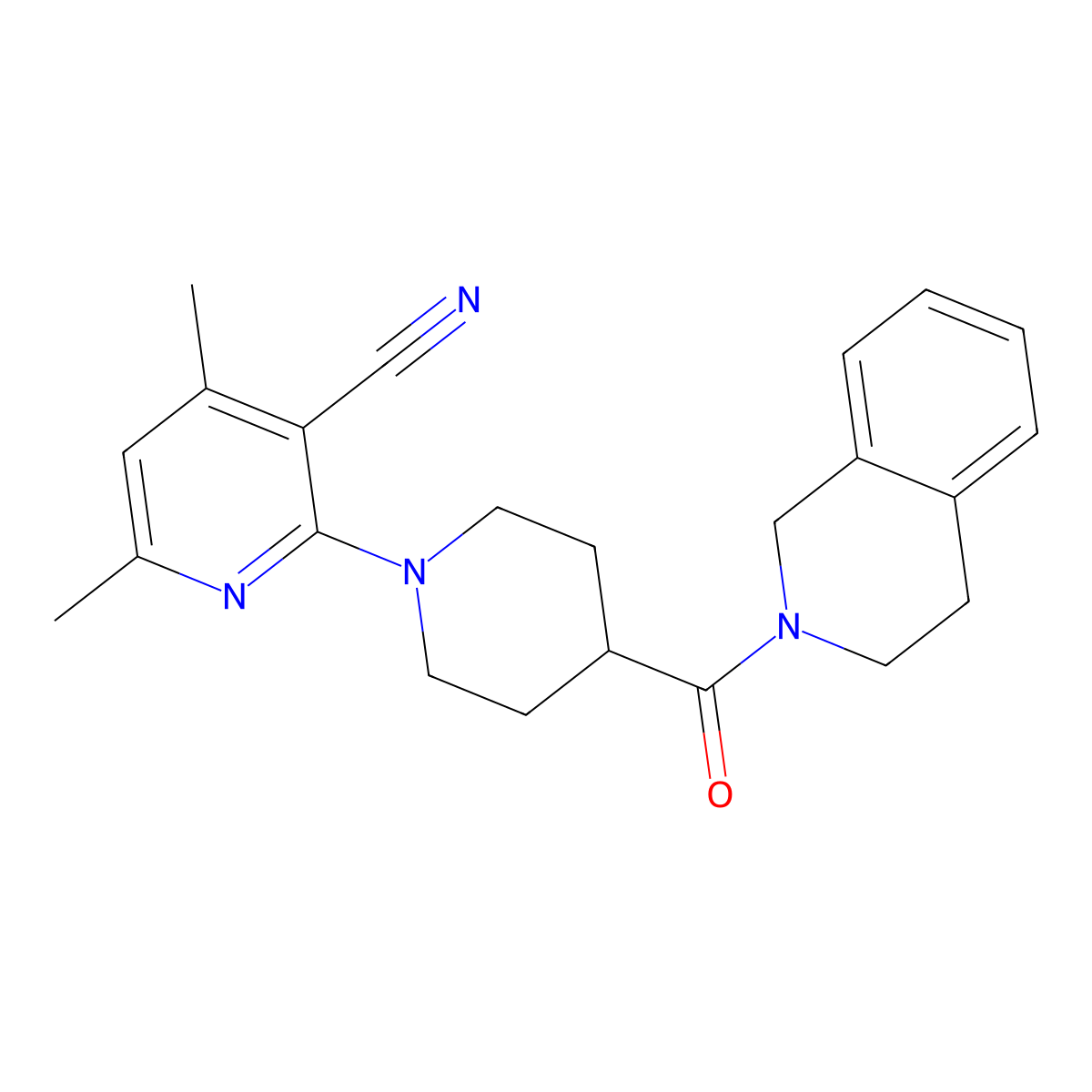 4,6-Dimethyl-2-[4-(1,2,3,4-tetrahydroisoquinoline-2-carbonyl)piperidin-1-yl]pyridine-3-carbonitrile molecular structure, CAS 3054579-06-2