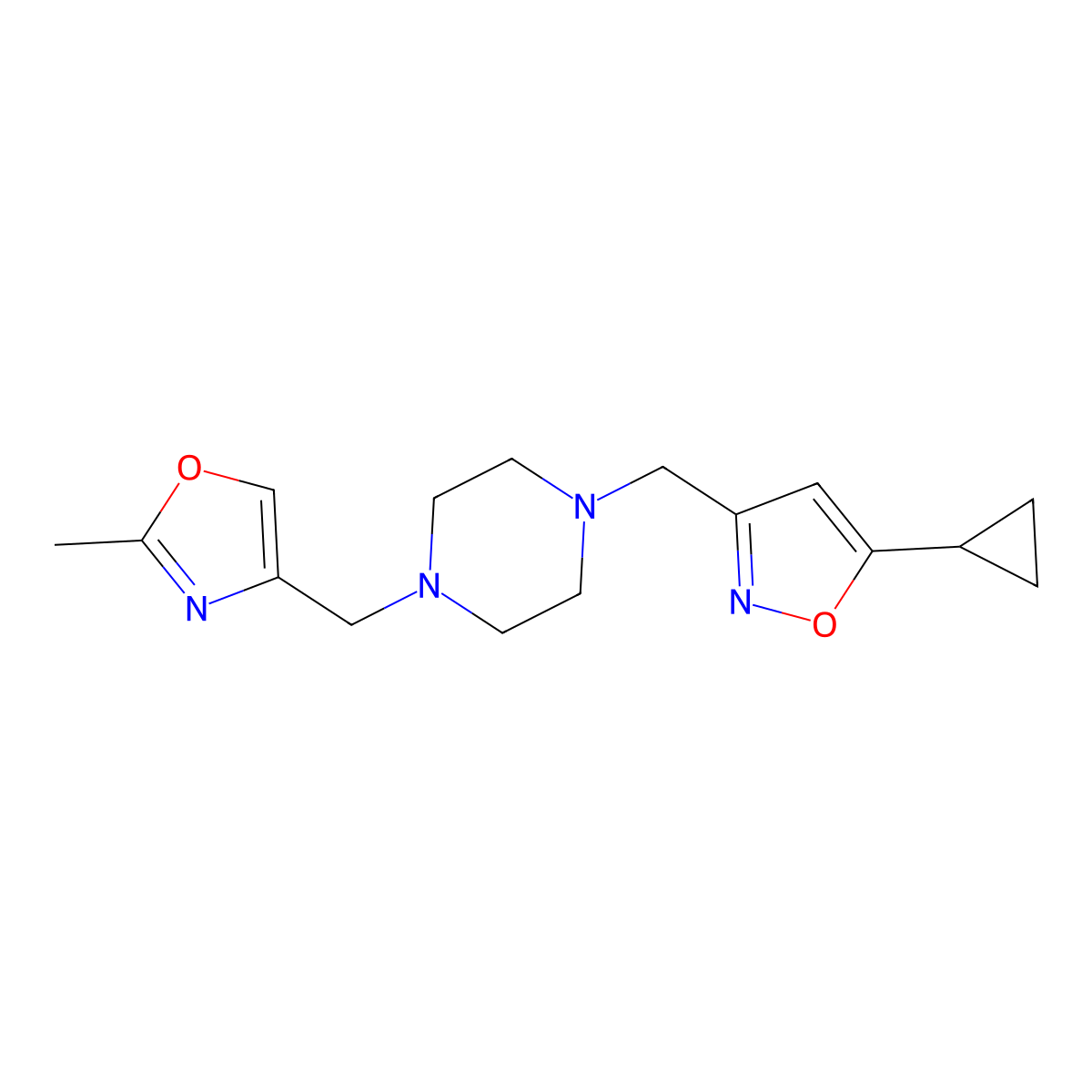 1-[(5-Cyclopropyl-1,2-oxazol-3-yl)methyl]-4-[(2-methyl-1,3-oxazol-4-yl)methyl]piperazine molecular structure, CAS 3054579-07-3