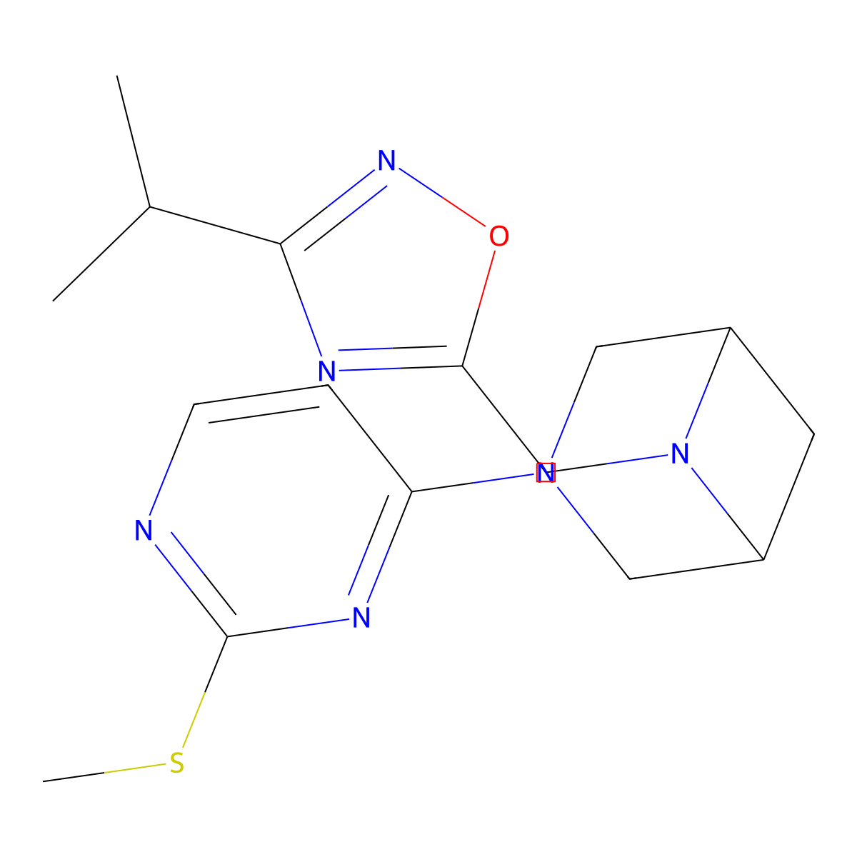 3-[2-(Methylsulfanyl)pyrimidin-4-yl]-6-{[3-(propan-2-yl)-1,2,4-oxadiazol-5-yl]methyl}-3,6-diazabicyclo[3.1.1]heptane molecular structure, CAS 3054579-08-4