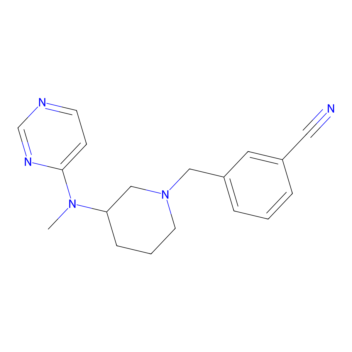 3-({3-[Methyl(pyrimidin-4-yl)amino]piperidin-1-yl}methyl)benzonitrile molecular structure, CAS 3054579-24-4