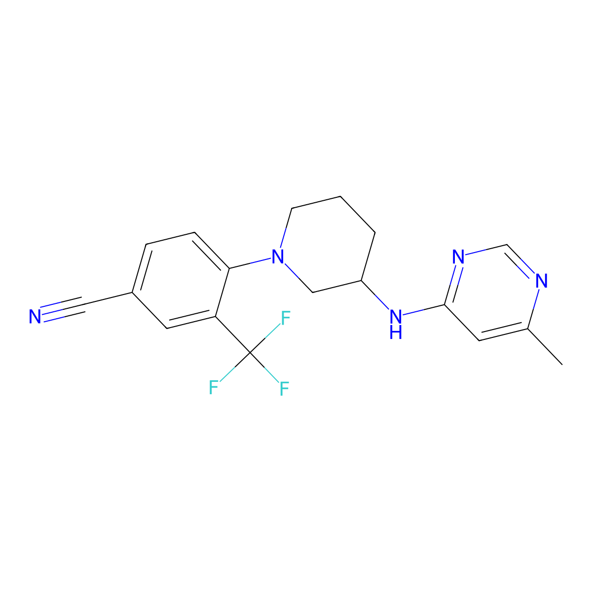 4-{3-[(6-Methylpyrimidin-4-yl)amino]piperidin-1-yl}-3-(trifluoromethyl)benzonitrile molecular structure, CAS 3054579-27-7