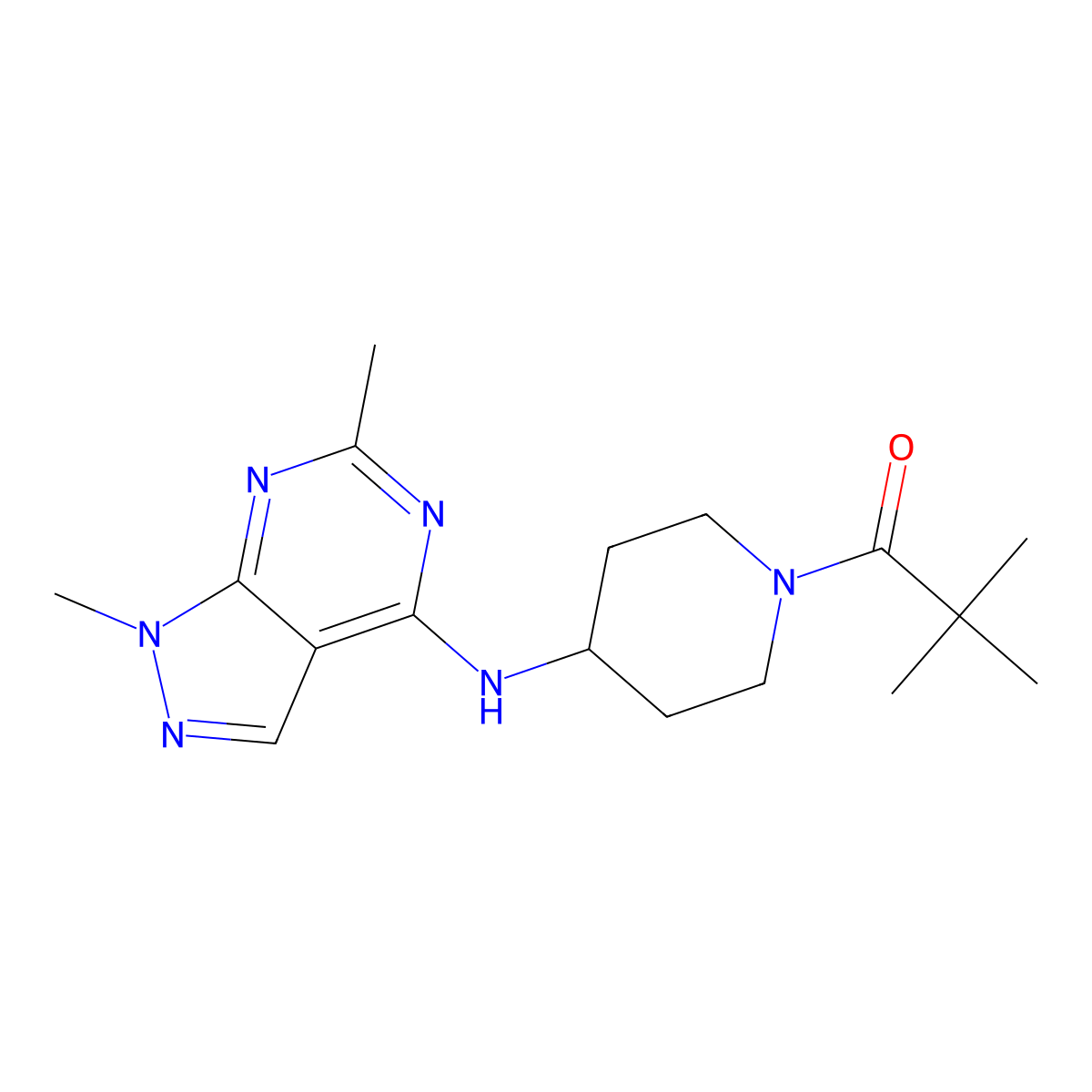 1-[4-({1,6-dimethyl-1H-pyrazolo[3,4-d]pyrimidin-4-yl}amino)piperidin-1-yl]-2,2-dimethylpropan-1-one molecular structure, CAS 3054579-29-9