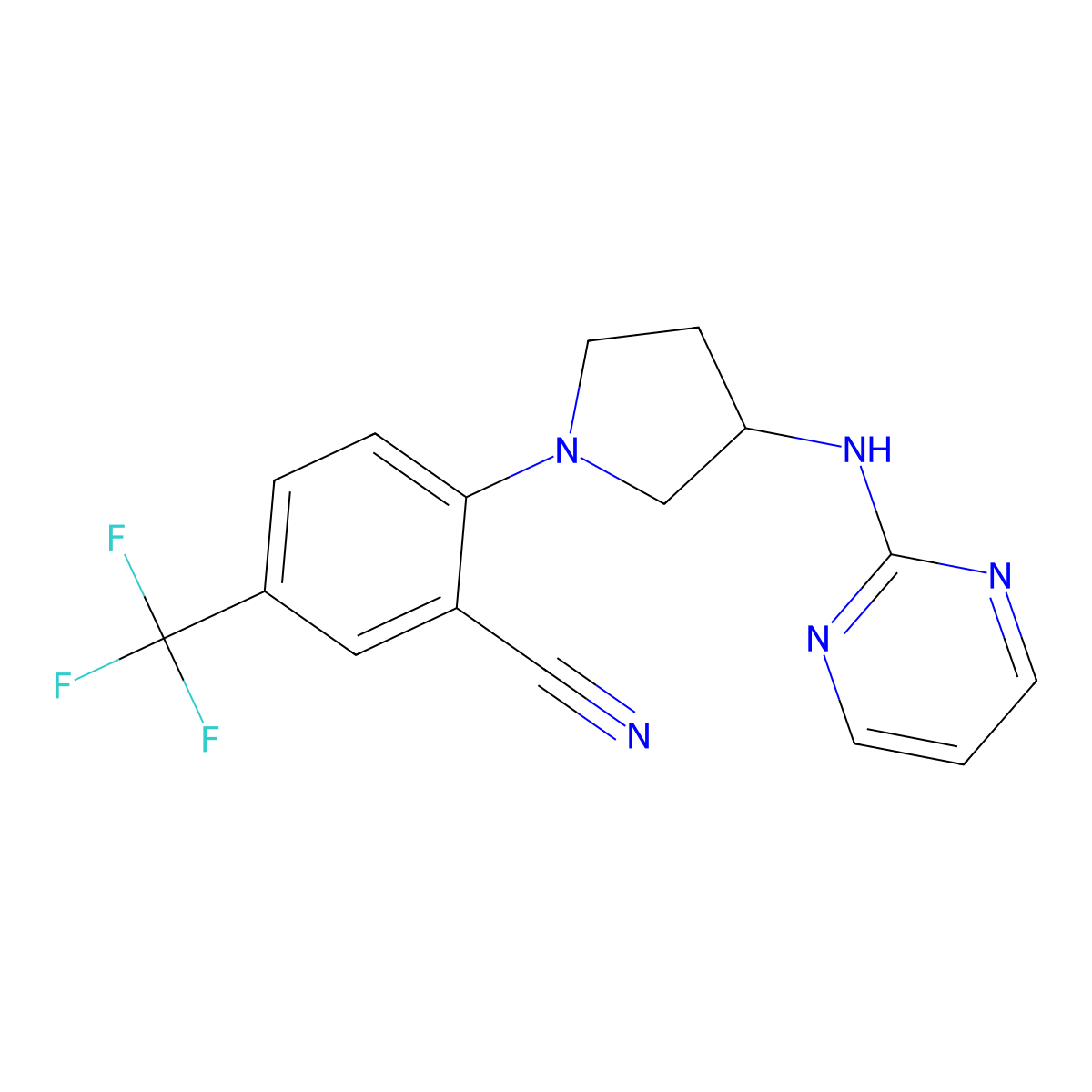 2-{3-[(Pyrimidin-2-yl)amino]pyrrolidin-1-yl}-5-(trifluoromethyl)benzonitrile molecular structure, CAS 3054579-35-7