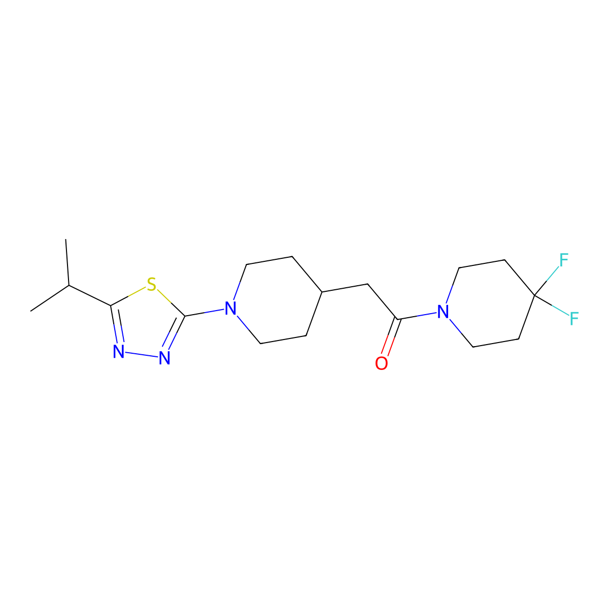 1-(4,4-Difluoropiperidin-1-yl)-2-{1-[5-(propan-2-yl)-1,3,4-thiadiazol-2-yl]piperidin-4-yl}ethan-1-one molecular structure, CAS 3054579-39-1