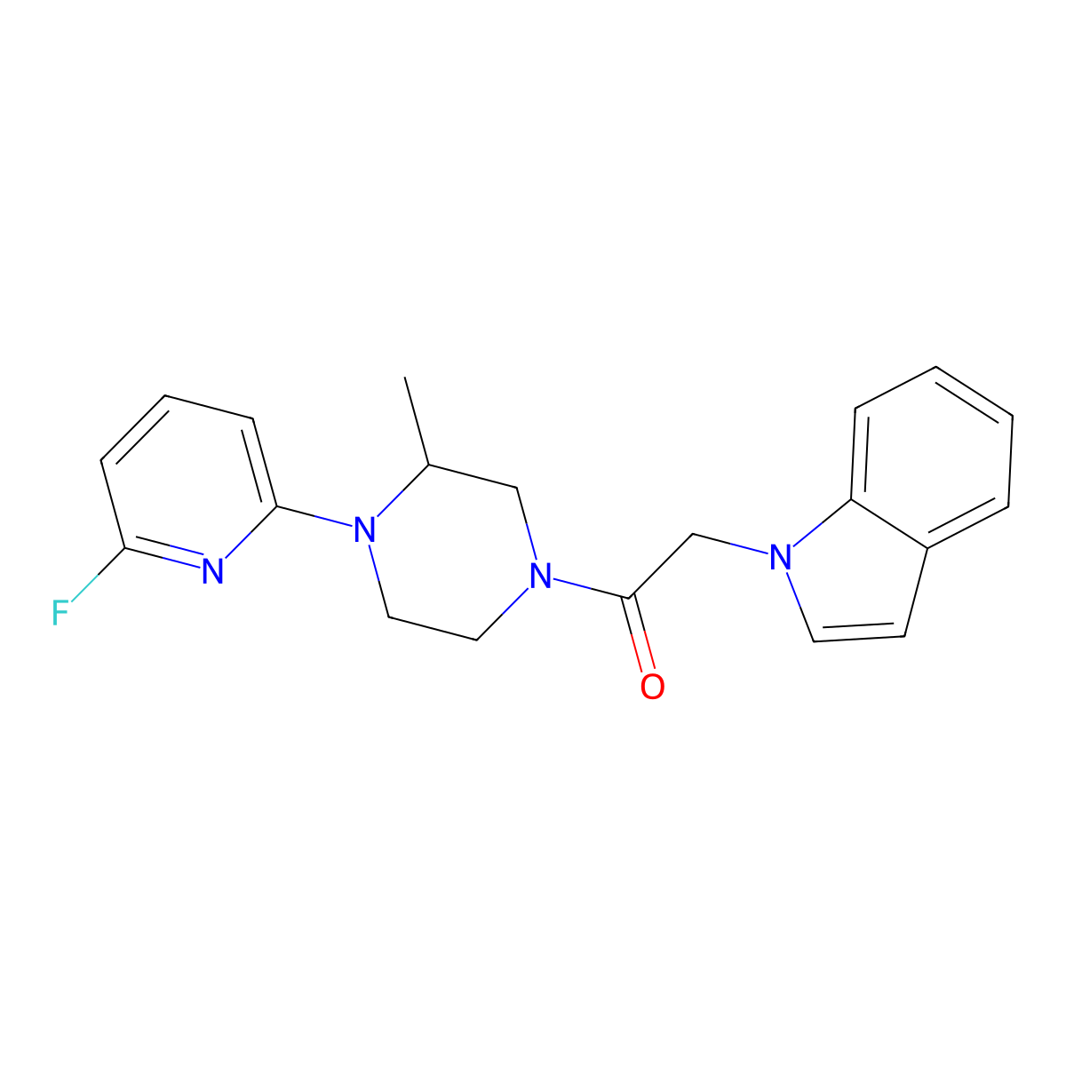 1-[4-(6-fluoropyridin-2-yl)-3-methylpiperazin-1-yl]-2-(1H-indol-1-yl)ethan-1-one molecular structure, CAS 3054579-44-8