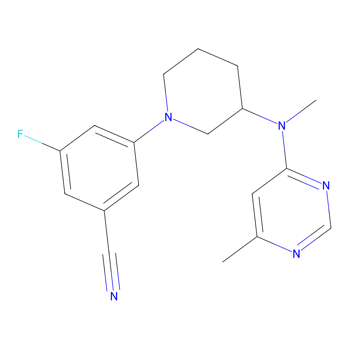 3-Fluoro-5-{3-[methyl(6-methylpyrimidin-4-yl)amino]piperidin-1-yl}benzonitrile molecular structure, CAS 3054579-46-0