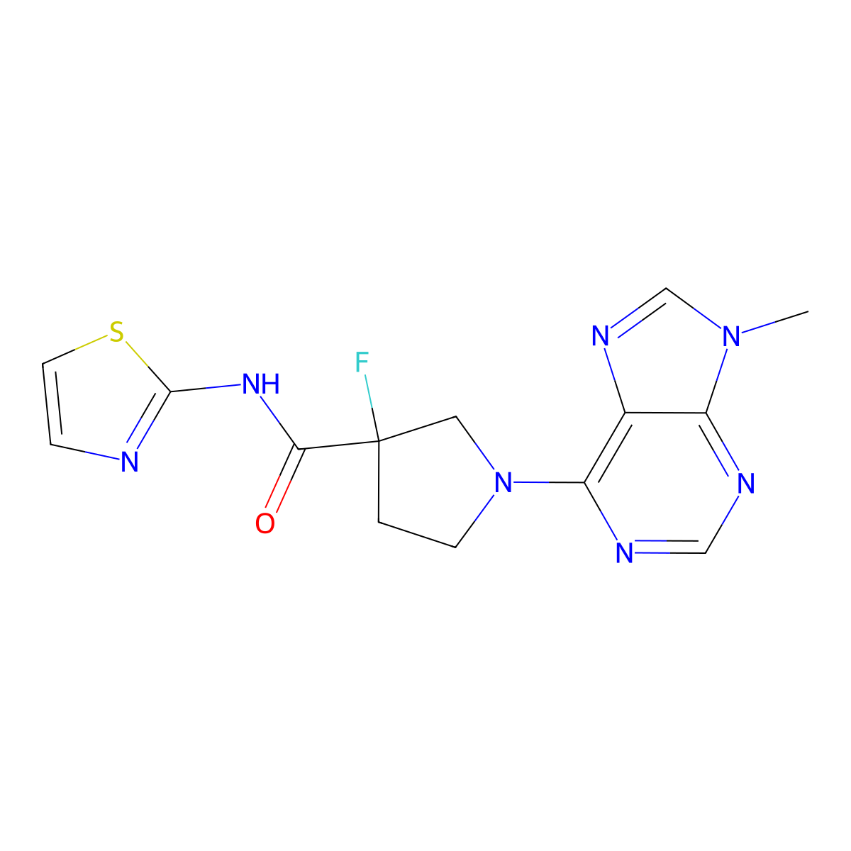 3-fluoro-1-(9-methyl-9H-purin-6-yl)-N-(1,3-thiazol-2-yl)pyrrolidine-3-carboxamide molecular structure, CAS 3054579-49-3