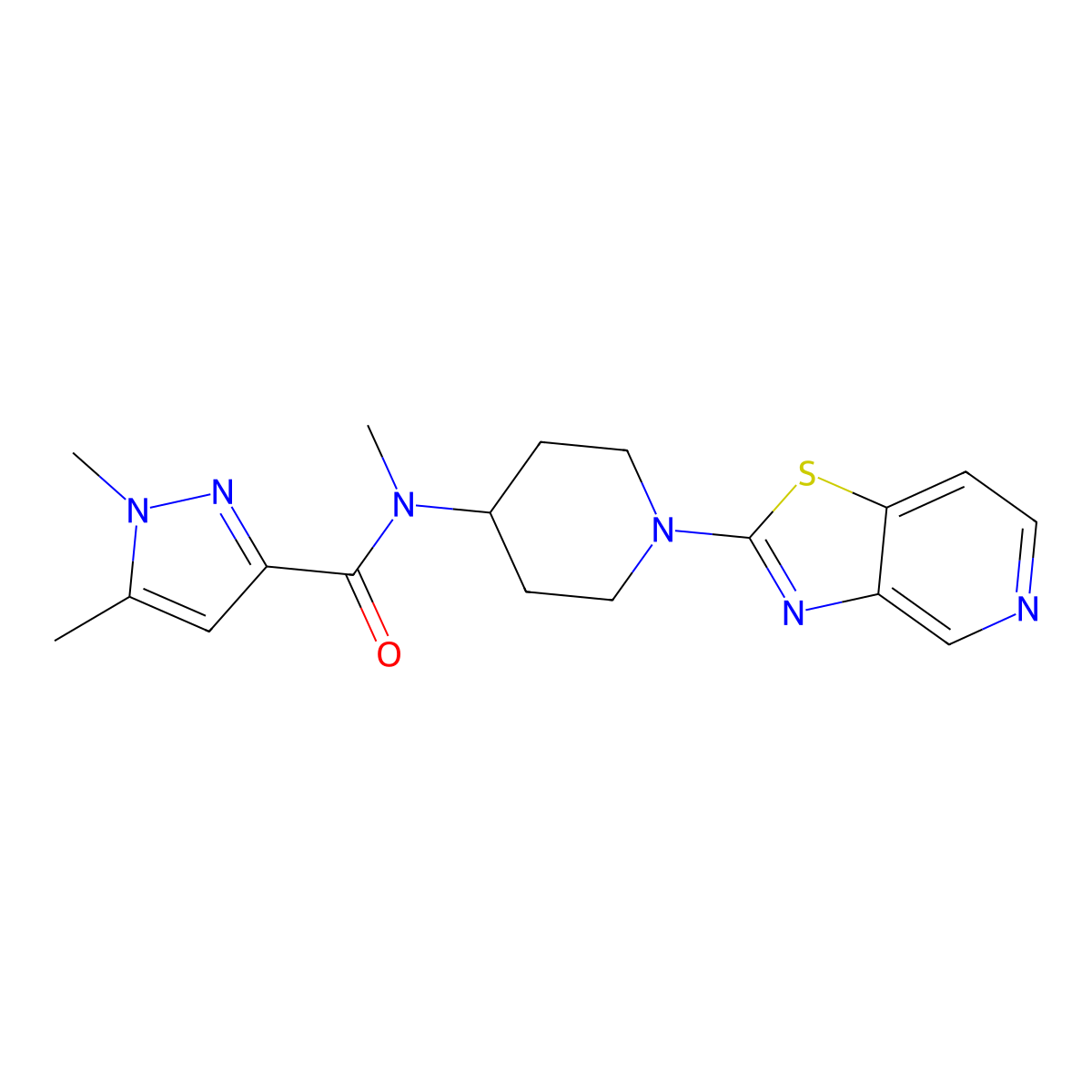 N,1,5-trimethyl-N-(1-{[1,3]thiazolo[4,5-c]pyridin-2-yl}piperidin-4-yl)-1H-pyrazole-3-carboxamide molecular structure, CAS 3054579-52-8