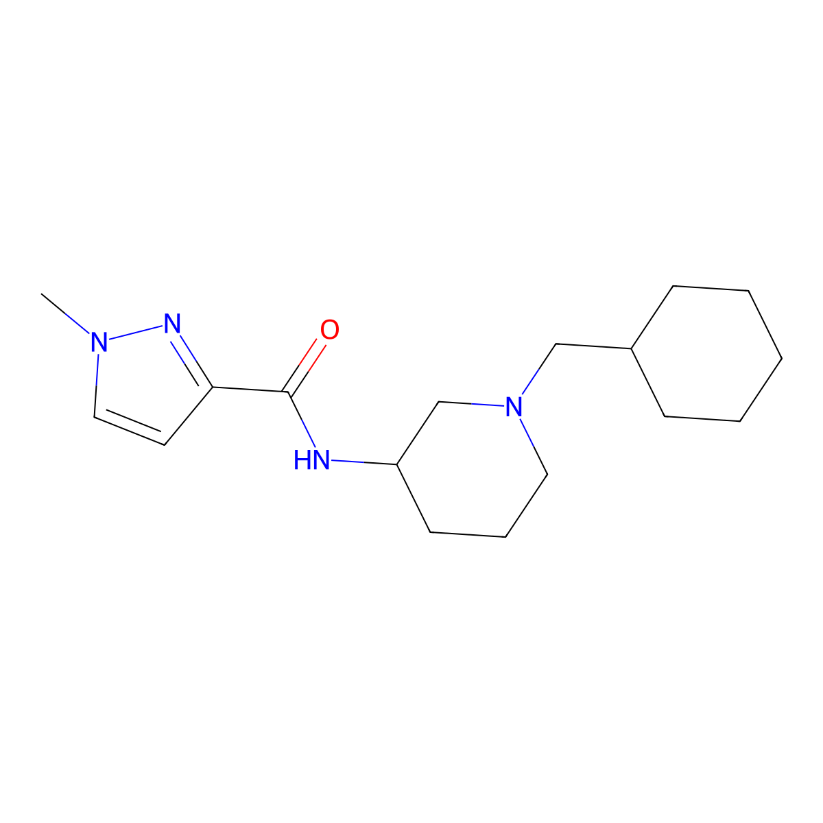 N-[1-(cyclohexylmethyl)piperidin-3-yl]-1-methyl-1H-pyrazole-3-carboxamide molecular structure, CAS 3054579-55-1