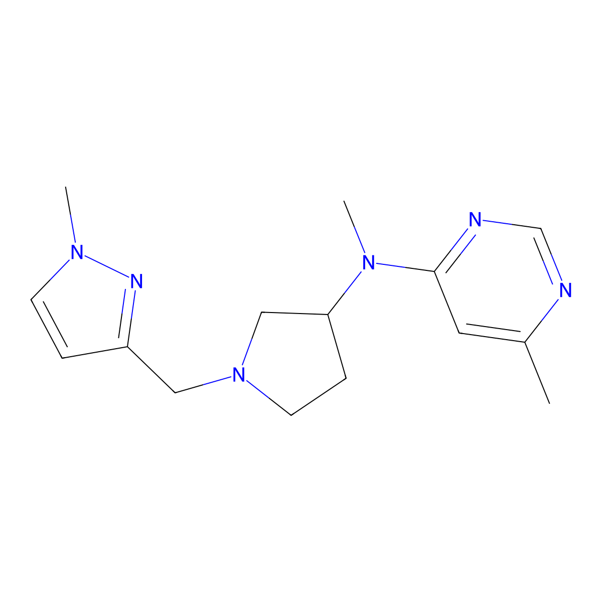 N,6-dimethyl-N-{1-[(1-methyl-1H-pyrazol-3-yl)methyl]pyrrolidin-3-yl}pyrimidin-4-amine molecular structure, CAS 3054579-60-8