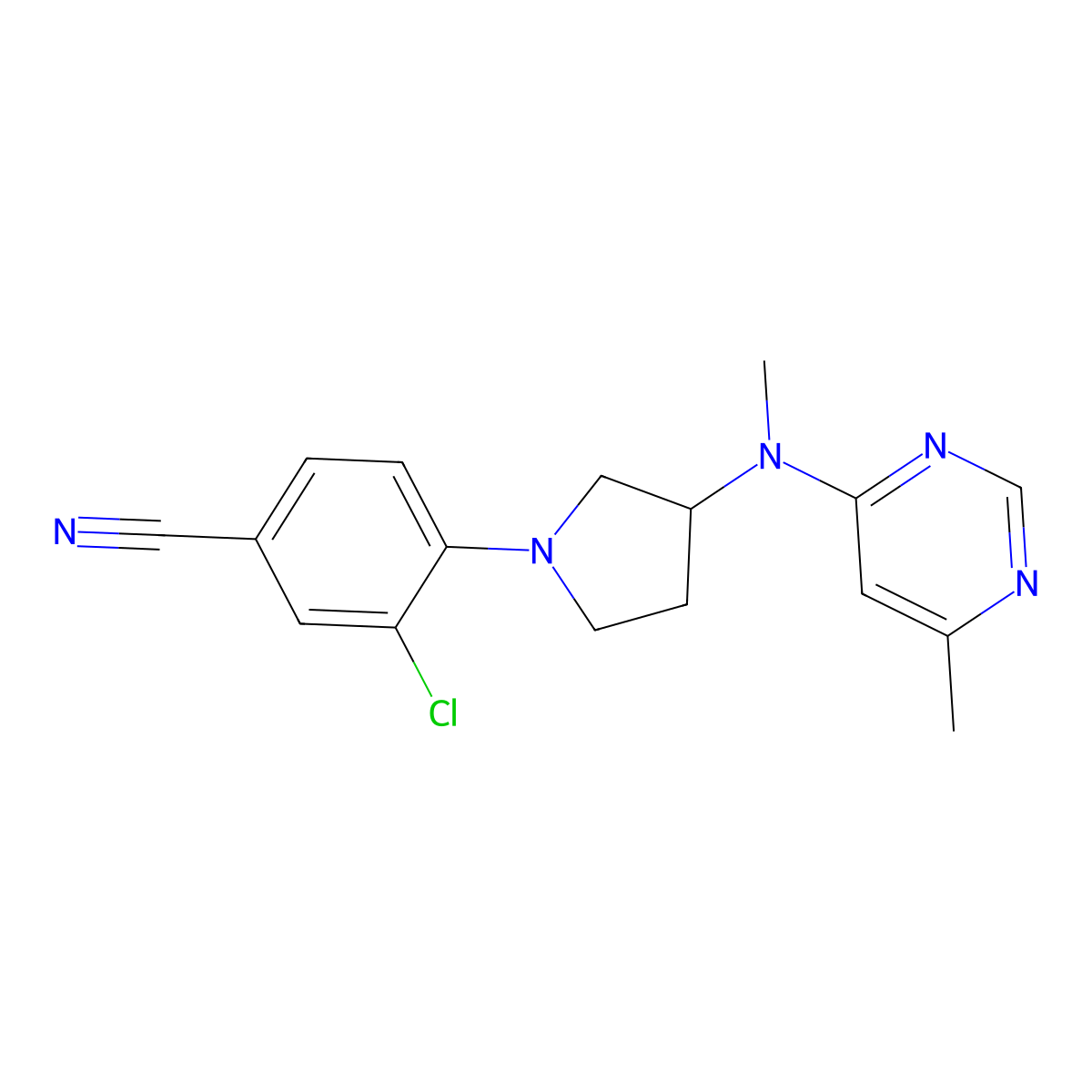 3-Chloro-4-{3-[methyl(6-methylpyrimidin-4-yl)amino]pyrrolidin-1-yl}benzonitrile molecular structure, CAS 3054579-65-3