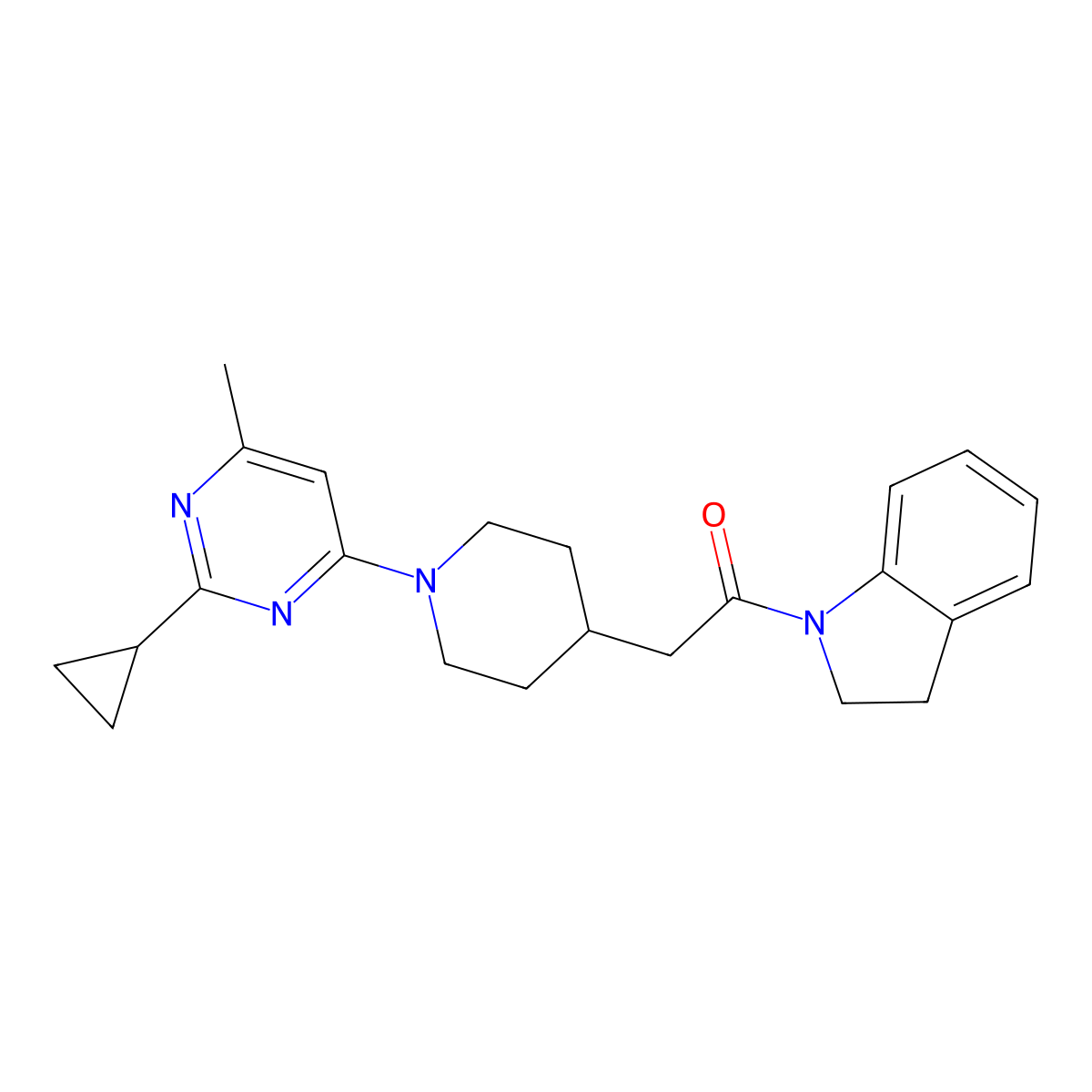 2-[1-(2-cyclopropyl-6-methylpyrimidin-4-yl)piperidin-4-yl]-1-(2,3-dihydro-1H-indol-1-yl)ethan-1-one molecular structure, CAS 3054579-78-8