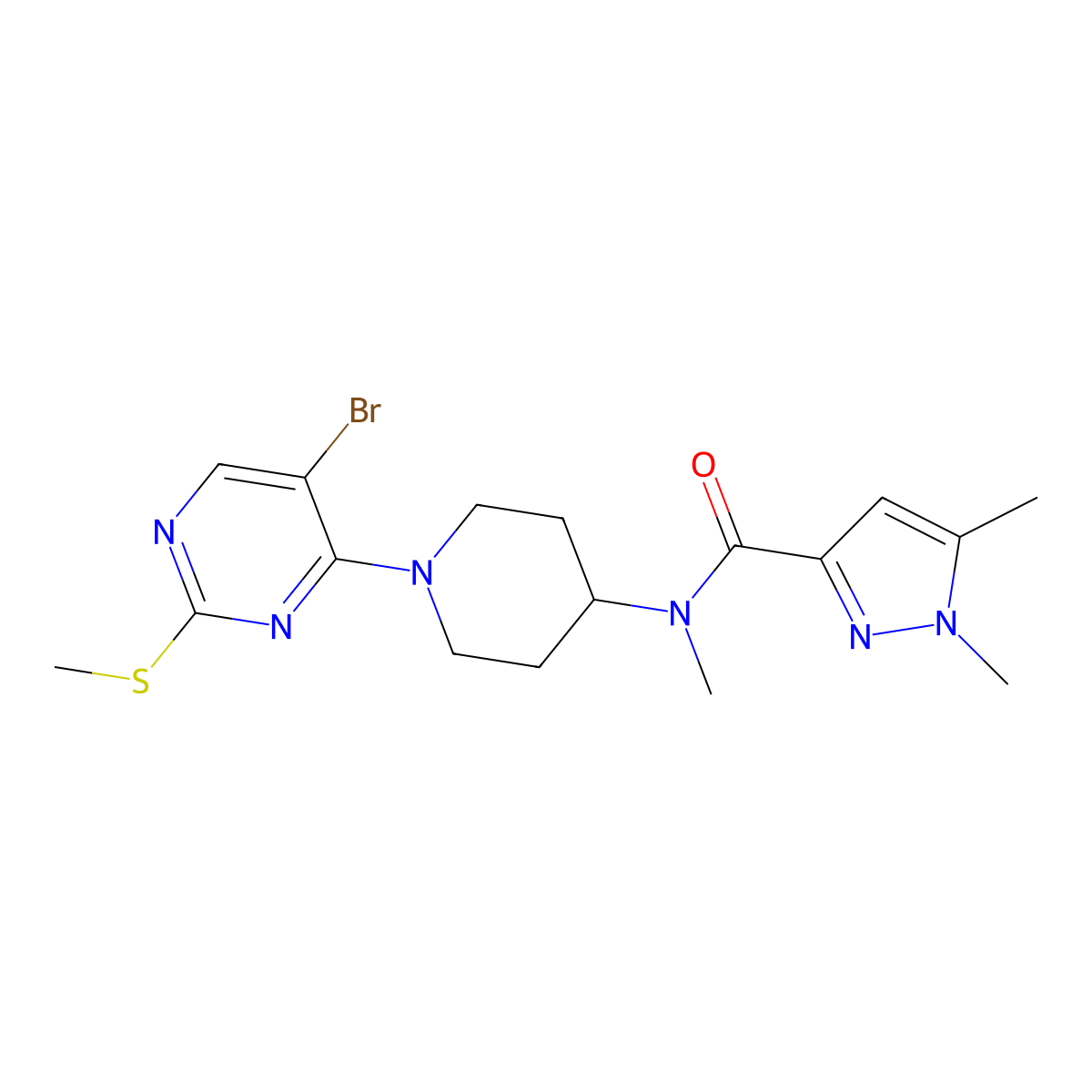 N-{1-[5-bromo-2-(methylsulfanyl)pyrimidin-4-yl]piperidin-4-yl}-N,1,5-trimethyl-1H-pyrazole-3-carboxamide molecular structure, CAS 3054579-81-3
