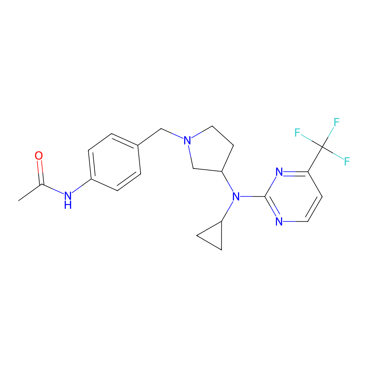 N-{4-[(3-{cyclopropyl[4-(trifluoromethyl)pyrimidin-2-yl]amino}pyrrolidin-1-yl)methyl]phenyl}acetamide molecular structure, CAS 3054579-84-6