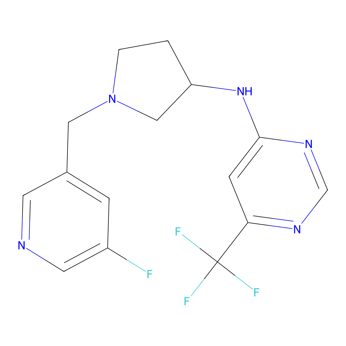 N-{1-[(5-fluoropyridin-3-yl)methyl]pyrrolidin-3-yl}-6-(trifluoromethyl)pyrimidin-4-amine molecular structure, CAS 3054579-93-7