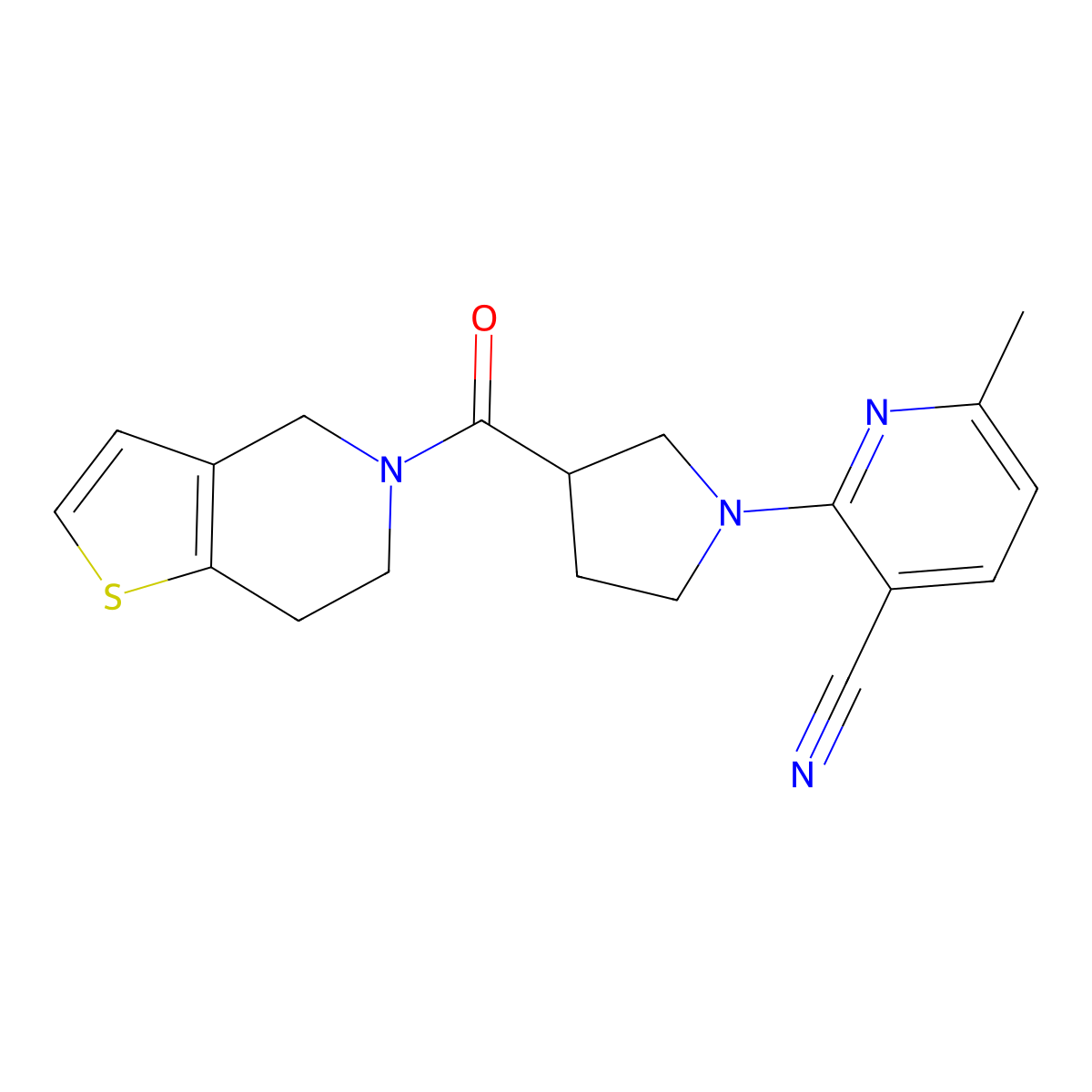 6-methyl-2-(3-{4H,5H,6H,7H-thieno[3,2-c]pyridine-5-carbonyl}pyrrolidin-1-yl)pyridine-3-carbonitrile molecular structure, CAS 3054579-95-9