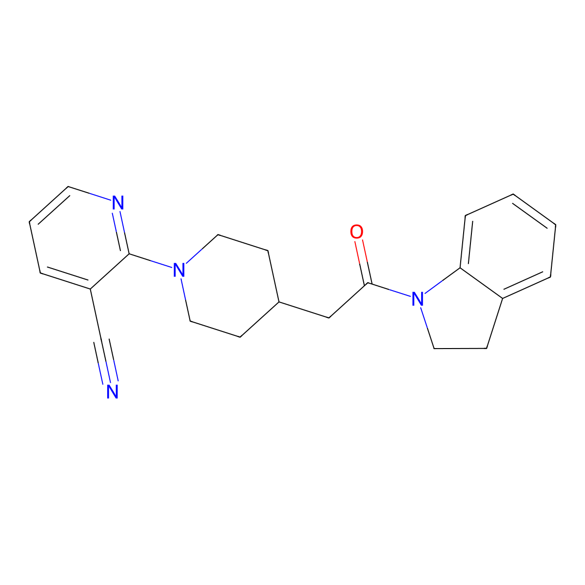 2-{4-[2-(2,3-dihydro-1H-indol-1-yl)-2-oxoethyl]piperidin-1-yl}pyridine-3-carbonitrile molecular structure, CAS 3054579-98-2
