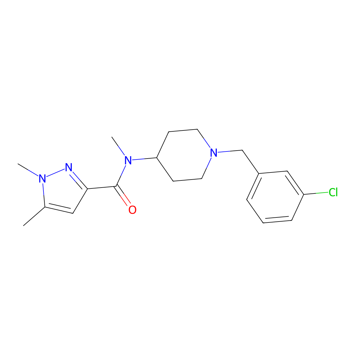 N-{1-[(3-chlorophenyl)methyl]piperidin-4-yl}-N,1,5-trimethyl-1H-pyrazole-3-carboxamide molecular structure, CAS 3054580-11-6