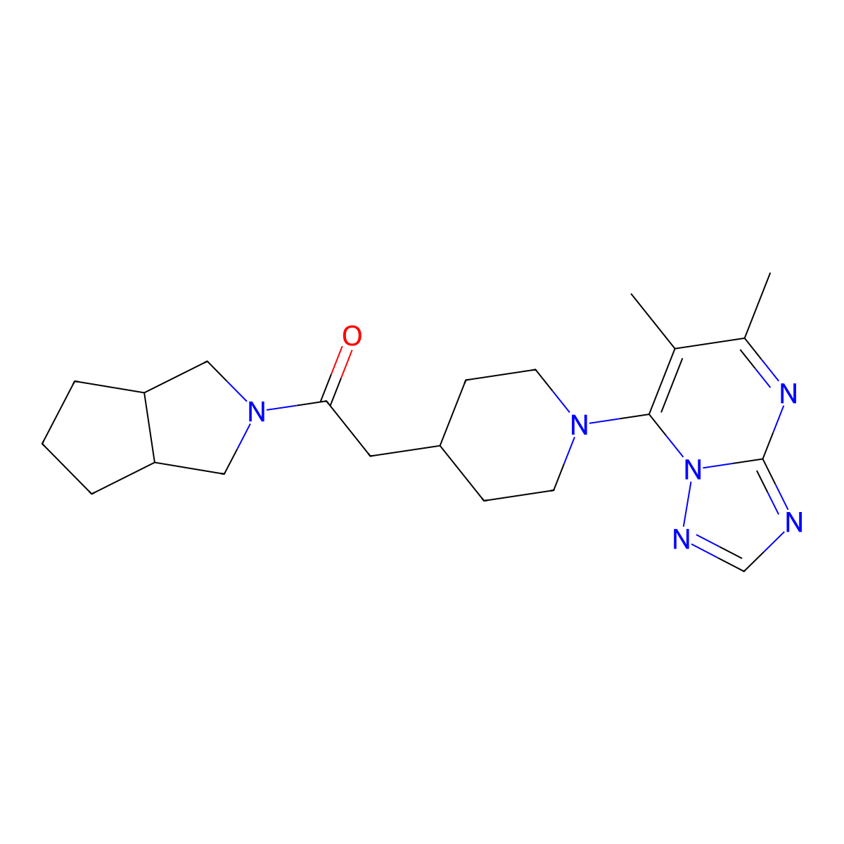 2-(1-{5,6-Dimethyl-[1,2,4]triazolo[1,5-a]pyrimidin-7-yl}piperidin-4-yl)-1-{octahydrocyclopenta[c]pyrrol-2-yl}ethan-1-one molecular structure, CAS 3054580-12-7