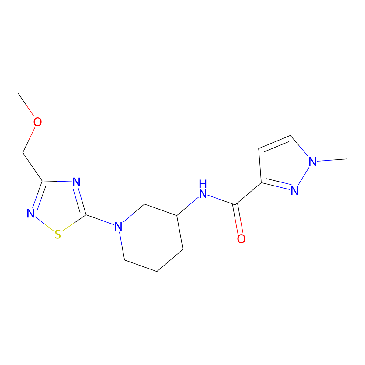 N-{1-[3-(methoxymethyl)-1,2,4-thiadiazol-5-yl]piperidin-3-yl}-1-methyl-1H-pyrazole-3-carboxamide molecular structure, CAS 3054580-13-8