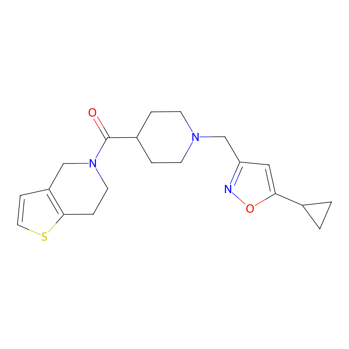 1-[(5-cyclopropyl-1,2-oxazol-3-yl)methyl]-4-{4H,5H,6H,7H-thieno[3,2-c]pyridine-5-carbonyl}piperidine molecular structure, CAS 3054580-14-9