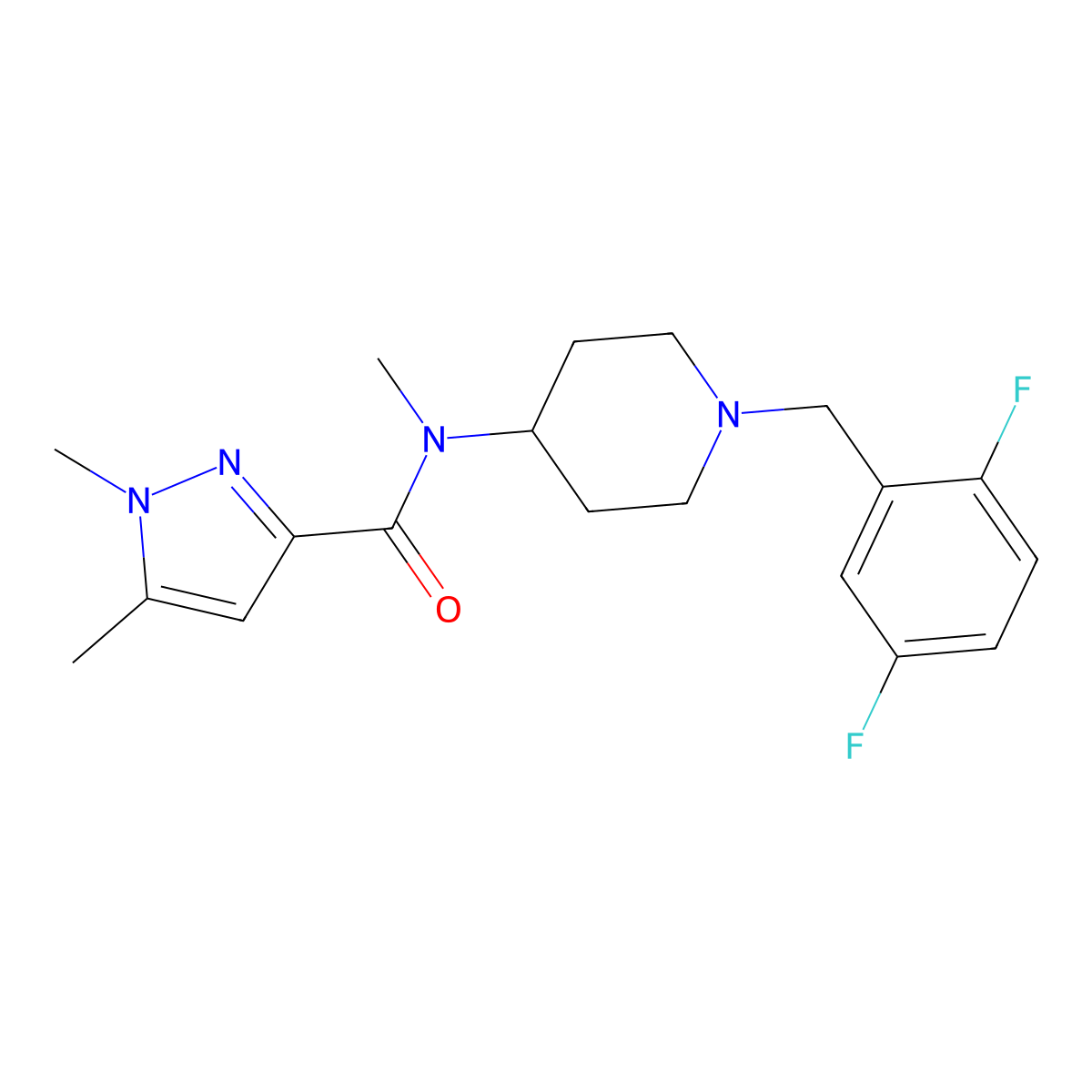 N-{1-[(2,5-difluorophenyl)methyl]piperidin-4-yl}-N,1,5-trimethyl-1H-pyrazole-3-carboxamide molecular structure, CAS 3054580-17-2