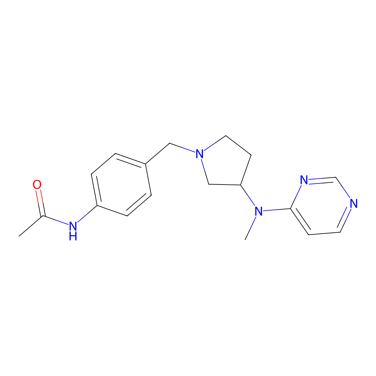 N-[4-({3-[methyl(pyrimidin-4-yl)amino]pyrrolidin-1-yl}methyl)phenyl]acetamide molecular structure, CAS 3054580-20-7