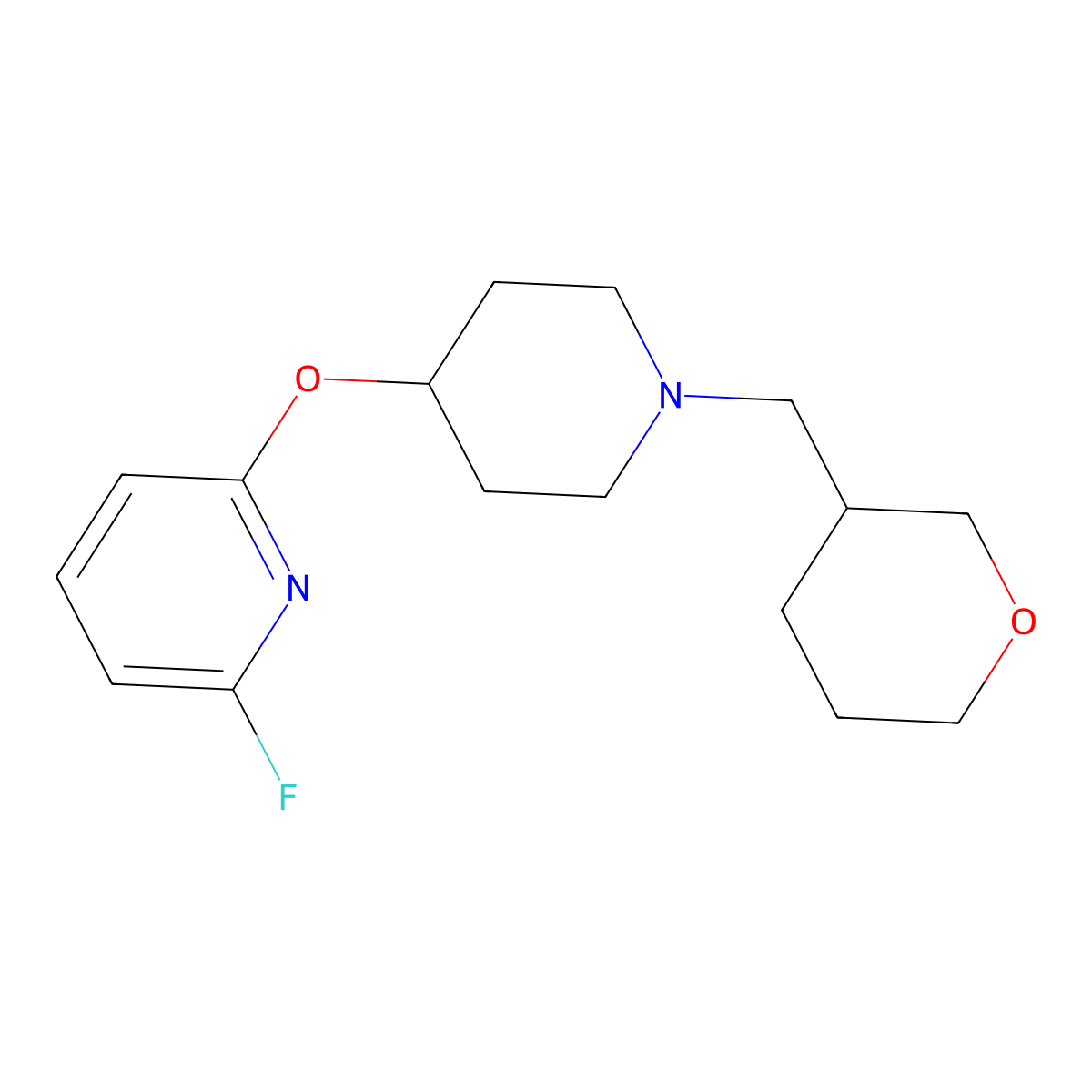 2-Fluoro-6-({1-[(oxan-3-yl)methyl]piperidin-4-yl}oxy)pyridine molecular structure, CAS 3054580-32-1